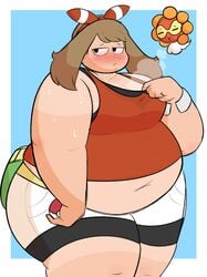  enormous_belly fat huge_belly may_(pokemon) may_(pokemon_oras) midnitemorty obese obese_female overweight overweight_female pokemon pokemon_oras sweat 