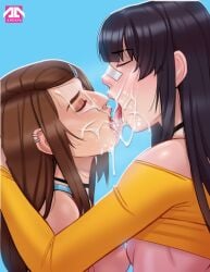  2girls andava andavaverse asian asian_female black_hair brown_hair choker closed_eyes cum cum_in_mouth cum_on_face cum_on_tongue erica_andreyko facial female french_kiss french_kissing human implied_bisexual na-na_kim open_mouth tongue tongue_out 