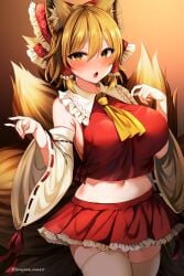  animal_ear_fluff animal_ears artist_name ascot bare_shoulders blonde_hair blush bow breasts brown_background commentary_request cosplay cowboy_shot crop_top detached_sleeves female fox_ears frilled_bow frilled_shirt_collar frills gradient_background hair_between_eyes hair_tubes hairbow hakurei_reimu hakurei_reimu_(cosplay) large_breasts long_sleeves looking_at_viewer marota marota_(imyme_maro) mature_female midriff milf miniskirt navel open_mouth petticoat pleated_skirt ran_yakumo red_bow red_skirt reimu_hakurei reimu_hakurei_(cosplay) ribbon-trimmed_sleeves ribbon_trim short_hair skirt skirt_set solo standing thighhighs thighs touhou twitter_username white_thighhighs wide_sleeves yakumo_ran yellow_ascot yellow_eyes 