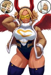  1girls ai_generated arm_behind_head chimera female fusion fusion_character gloves goggles hand_behind_head hand_in_pocket hawks_(my_hero_academia) headphones jacket krystalizedart large_breasts messy_hair miruko my_hero_academia narrow_waist open_jacket rabbit_ears red_eyes rule_63 rumi_usagiyama seductive seductive_eyes seductive_look seductive_smile solo solo_female solo_focus tan_body thick_ass thick_eyebrows thick_thighs thighhighs wings 