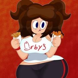  3barts arby&#039;s belly_button big_ass big_breasts blue_eyes food shortstack thick_thighs tongue_out wide_hips 