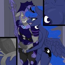  1:1 alicorn animal_genitalia animal_penis anthro areola armor ball_grab balls bat_pony big_breasts bodily_fluids breast_squish breasts clothed clothed/nude clothed_male_nude_female clothing cutie_mark duo equid equine equine_penis erection fan_character feathered_wings feathers female fondling friendship_is_magic genitals grope_from_behind hasbro headgear helmet hi_res horn kennzeichen male male/female mammal melee_weapon my_little_pony night_guard_(mlp) nude nuttyhoof open_mouth pants_down partially_clothed penis polearm princess_luna_(mlp) pussy reach_around royal_guard_(mlp) seductive spear squeezing_balls squish weapon wings 
