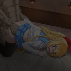  1boy ass black_legwear blonde_hair blood blue_eyes blue_skirt blush bow clothed_female_nude_male clothes_lift cum cumdrip defloration doggy_style feet_out_of_frame female from_side hair_between_eyes hairbow head_out_of_frame highres kirisaki_chitoge long_hair midriff minobey night nisekoi nude pleated_skirt rape red_bow sailor_collar school_uniform serafuku sex sex_from_behind sheet_grab shirt skirt skirt_lift straight tattoo thighhighs thighs trembling white_shirt wide-eyed 