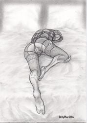  ass black_and_white bodysuit dirtyphor helmet hood laying_on_bed looking_back mask mass_effect pencil_sketch presenting_pussy pussy quarian skintight_bodysuit tali&#039;zorah_nar_rayya thick_ass thighhighs 