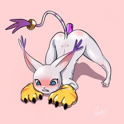  &lt;3_eyes 1:1 ambiguous_penetration anthro ass_up back_dimples bandai_namco blue_eyes blush bodily_fluids cat_tail clothing digimon digimon_(species) dildo dildo_insertion drooling female gatomon gatox_(artist) gloves handwear heart hi_res jack-o&#039;_crouch_pose jack-o_pose nude penetration pink_background saliva sex_toy sex_toy_insertion signature simple_background solo tailmon 