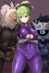  2boys ^^^ absurdres akiyama_rinko_(cosplay) arms_under_breasts blush bodysuit breasts cameltoe closed_mouth cosplay covered_collarbone covered_navel cowboy_shot crossed_arms eggplant english_commentary female fishnet_bodysuit fishnets food genshin_impact gloves green_hair hair_between_eyes highres hilichurls_(species) holding holding_food holding_vegetable kanoko2.0 kuki_shinobu large_breasts loincloth mask multiple_boys ponytail purple_bodysuit purple_eyes purple_rope rope saliva sexually_suggestive sidelocks simple_background skin_tight standing sweat taimanin_(series) taimanin_suit taimanin_yukikaze trembling underboob vegetable 