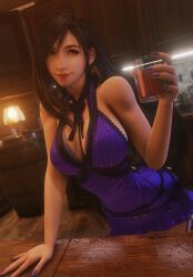  1girls 3d 3d_(artwork) alcohol arm_support bar_counter black_hair blender breasts cleavage dress earrings female female_focus final_fantasy final_fantasy_vii final_fantasy_vii_remake glass highres indoors large_breasts long_black_hair long_hair looking_at_viewer nail_polish night official_alternate_costume red_eyes ria-neearts smile standing tifa_lockhart 