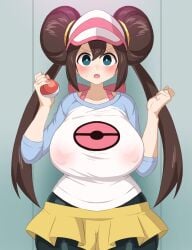  arms_up barely_visible_nipples clenched_hand embarrassed full-face_blush fully_clothed hi_cheese19 holding_poke_ball huge_breasts mei_(pokemon) nipple_bulge no_bra pokeball pokemon pokemon_bw2 rosa_(pokemon) shocked sweatdrop wide_hips 