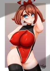 1girls 2021 :o alternate_breast_size arm_up armpits artist_signature black_thighhighs blue_eyes blush bodysuit breasts brown_hair competition_swimsuit erect_nipples erect_nipples_under_clothes female female_focus female_only hips huge_breasts looking_at_viewer may_(pokemon) may_(pokemon_oras) medium_hair nintendo nipples one-piece_swimsuit pokemon pokemon_oras red_one-piece_swimsuit red_ribbon red_swimsuit ribbon ribbon_in_hair simple_background slim_waist swimsuit thick_thighs thighhighs thighs tiger1001 white_border wide_hips 