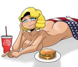  2020 american_flag ass blonde_hair blue_eyes burger dyllzone female flag looking_at_viewer miss_america nude prone signature soda white_background 
