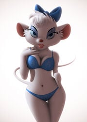  3d anthro bra clothing corset disney eyelashes eyeshadow female fur furry half-closed_eyes hand_on_hip lingerie lipstick looking_at_viewer makeup mammal miss_kitty_mouse miss_kitty_mouse_(artist) mouse murid murine narrowed_eyes navel panties rodent solo the_great_mouse_detective topwear underwear white_body white_fur wide_hips 