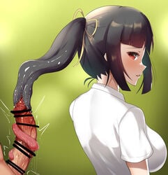  1boy 1girls 2021 absurd_res back bare_arms black_hair blush breasts censored clothing erection eyebrows_visible_through_hair fellatio female femdom futakuchi-onna glans green_background highres jjagjmptmptj large_breasts long_hair long_tongue looking_at_another looking_at_penis looking_back male malesub mawile monster_girl multi_mouth nintendo open_mouth oral penis personification pok&eacute;mon_(species) pokemon pokemon_rse red_eyes saliva saliva_drip saliva_string saliva_trail shirt side_ponytail simple_background smile tied_hair tongue tongue_around_penis tongue_out tongue_wrap vein veiny_penis 