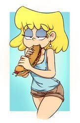  1girls bedroom_eyes breast_squeeze drawsoyeah earrings eating_food female food fully_clothed grabbing_object light-skinned_female light_skin lori_loud nickelodeon sandwich shorts standing subway_(franchise) subway_eat_fresh_(meme) tank_top the_loud_house thighs 
