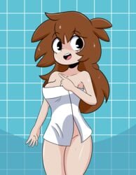  almost_naked brown_hair female fuppy-jr light-skinned_female light_skin looking_at_viewer naked_towel pose shgurr shower smile standing towel wall wet_body wet_hair white_towel youtube 