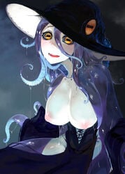  :d black_sclera blush breasts cleavage colored_sclera colored_skin commentary_request female hair_between_eyes hat horizontal_pupils large_breasts looking_at_viewer monster_girl nipples octopus open_mouth original pale_skin round_teeth scylla smile solo solopipb suction_cups teeth tentacle tentacle_hair wet white_skin witch_hat yellow_eyes 