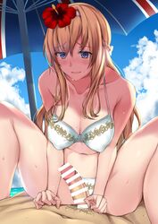  1boy bangs bar_censor beach beach_umbrella bikini blue_eyes blush braid breasts breath censored clothed_female_nude_male cloud commentary_request commission covered_nipples day eyebrows_visible_through_hair female flower french_braid hair_flower hair_ornament hairband hibiscus highres kantai_collection kuurunaitsu large_breasts long_hair male_pubic_hair nude ocean outdoors penis pubic_hair red_flower skeb_commission sky solo_focus straight swimsuit umbrella warspite_(kantai_collection) white_bikini white_hairband 