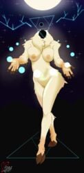  absurd_res anthro breasts cervid deity female hi_res light looking_at_viewer mammal moon moonlight neon_lights night orbs pinup pose raised_arm riddleheart scp-4971 scp_foundation simple_background solo star white_body 