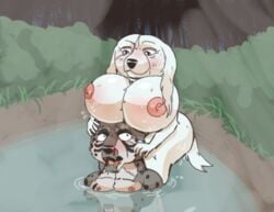  anthro big_breasts blood bodily_fluids breasts canid canine canis cross_(ginga) domestic_dog female ginga_densetsu_weed hot_spring male male/female mammal mature_female mother mother_and_child mother_and_son nosebleed parent parent_and_child son tesshin_(ginga) thick_thighs unknown_artist water wet 