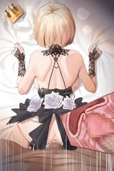  1boy 1girls anus ass bare_shoulders bed_sheet black_bow blonde_hair bow breasts censored clothed_female_nude_male commission cream_(cream) cross_section crown crown_removed dark-skinned_male dark_skin doggy_style female flower foot_out_of_frame frills from_above hetero highres lace_trim light-skinned_female light_skin lying mosaic_censoring motion_lines no_bra no_panties nude on_bed on_stomach original out_of_frame penis pov sex sex_from_behind sheet_grab short_hair skirt skirt_removed small_breasts solo_focus straight twin_(tt_lsh) white_flower x-ray 