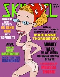  1girls 90&#039;s_theme ass bikini_tan blonde_hair character_name english_text fake_cover fake_magazine fake_magazine_cover female glasses large_areolae march marianne_thornberry nude nude_female orange_hair pose posing short_hair simple_background skincel skinny skinny_girl small_breasts solo spelling_error tanline toonytease typo wild_thornberrys 