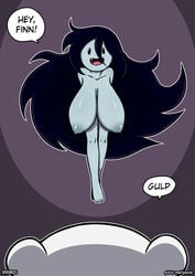  1boy 1girls adventure_time big_breasts black_hair cartoon_network completely_nude covering_crotch english_text female finn_the_human garabatoz grey_skin hanging_breasts huge_breasts levitation long_hair male marceline monster_girl name_drop nipples nude_female orientation_play sagging_breasts text vampire vampire_girl 
