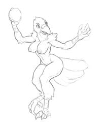  2020 absurd_res anthro ass avian beak bent_legs claws elbow_tufts feathers female hi_res holding_object lakeslug looking_aside looking_away musical_instrument navel nude open_beak open_mouth percussion_instrument shoulder_tuft simple_background solo tail_feathers talons tambourine toe_claws tuft white_background 