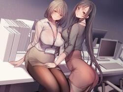  2girls amane_ruri ass bangs binder black_hair black_sweater bra_visible_through_clothes breasts brown_eyes brown_legwear brown_skirt cleavage closed_mouth collared_shirt desk duo duo_focus eyebrows_visible_through_hair grey_hair grey_skirt hand_on_another&#039;s_thigh head_tilt indoors large_breasts long_hair looking_at_viewer medium_hair monitor multiple_girls name_tag office office_lady on_desk original pantyhose pantylines pencil_skirt ribbed_sweater shirt sitting sitting_on_desk skirt smile standing sweater white_shirt 