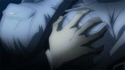  16:9_aspect_ratio animated big_breasts breast_grab breasts fondling fondling_breast gif grabbing_breasts groping hand_on_breast hellsing large_breasts low_resolution male_hand police_uniform policewoman screen_capture seras_victoria sexual_harassment tie uniform 