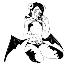  2_mouths androgynous bedroom_eyes black_and_white blush demon_slayer demon_wings doenmu enmu femboy hehe hip_wings incubus kanji kimetsu_no_yaiba male male_only panties ram_horns seductive_look skinny sticking_out_tongue thick_thighs thighs unusual_pupils white_background 