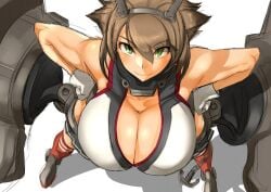  anchor bare_shoulders breasts brown_hair cleavage female from_above gloves huge_breasts kantai_collection looking_at_viewer mutsu_(kantai_collection) nuezou short_hair simple_background smile solo 