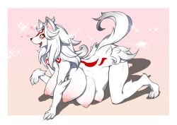  amaterasu anthro breasts canid canine canis capcom deity female fur hair heart j7w looking_at_viewer mammal multi_breast nipples nude okami pregnant solo video_games white_body white_fur wolf 