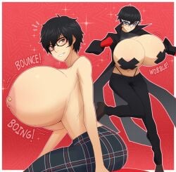  1boy akira_kurusu alternate_version_available black_hair blonde_hair boing bounce breast_expansion breast_implants breasts busty busty_boy casual dark_hair eyewear femboy glasses gloves heels huge_breasts human hyper_breasts implants implied_breast_expansion jacket joker_(persona) light_skin looking_at_viewer male_with_breasts mask nipple_piercing nipple_tape octoboy persona persona_5 pierced_nipples piercings plaid ren_amamiya rule_63 shirtless solo_male sound_effects taped_nipples thong thong_straps topless 