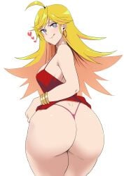  absurdres ahoge ass bangle bangs blonde_hair bracelet breasts clothes_lift cowboy_shot dimples_of_venus dress dress_lift earrings eyebrows_visible_through_hair female from_behind heart highres hoop_earrings jewelry licking_lips long_hair looking_at_viewer looking_back minakami panties panty_&amp;_stocking_with_garterbelt panty_anarchy pink_panties red_dress shiny shiny_hair simple_background sleeveless sleeveless_dress solo thick_thighs thighs thong tongue tongue_out twisted_torso underwear v-shaped_eyebrows 