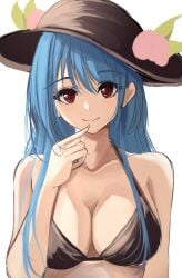  7saki aged_up bad_id bad_pixiv_id bare_shoulders bikini black_bikini black_headwear blue_hair breasts cleavage closed_mouth collarbone female finger_to_mouth food fruit hair_between_eyes halterneck hand_up hat hinanawi_tenshi large_breasts long_hair looking_at_viewer peach_(fruit) red_eyes sidelocks simple_background sketch smile solo swimsuit tenshi_hinanawi touhou upper_body white_background 