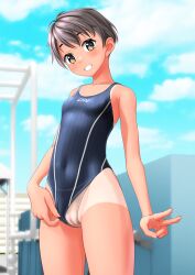  absurdres beige_panties black_hair black_swimsuit blue_sky blurry blurry_background breasts brown_eyes cameltoe clothes_writing clothing_aside cloud commentary_request competition_swimsuit covered_navel cowboy_shot female female grin highleg highleg_swimsuit highres one-piece_swimsuit one-piece_tan original panties_under_swimsuit short_hair sky small_breasts smile solo striped striped_swimsuit swimsuit swimsuit_aside takafumi tan tanline v 
