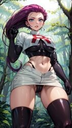  ai_generated blue_eyes breasts cameltoe crop_top earrings forest from from_below gloves highleg_panties jessie_(pokemon) outside pokemon purple_hair stable_diffusion team_rocket team_rocket_uniform thighhighs thong underboob upskirt 