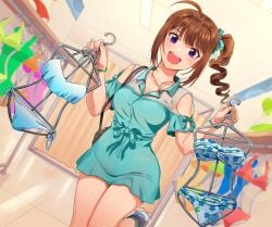  1girls bikini blue_bikini blue_dress blue_swimsuit bracelets breasts brown_hair clothes_hanger clothes_store dress earrings floral_print hairbow handbag holding_clothes_hanger idolmaster idolmaster_million_live! idolmaster_million_live!_theater_days kamille_(vcx68) looking_at_viewer medium_breasts necklace painted_fingernails ponytail purple_eyes shopping side_ponytail swimsuit yokoyama_nao 