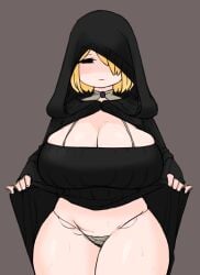  blonde_hair blush curvy deathbed_smalls dress_lift elden_ring fia_the_deathbed_companion fromsoftware hand_lifting_cloak hood hooded_cloak lifting_dress looking_at_viewer mob_face panties presenting_panties suna_ponz tagme thick_thighs underwear wide_hips 
