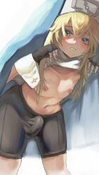  1boy bike_shorts blonde_hair blue_eyes blush bridget bulge erection eye_contact fingerless_gloves gloves guilty_gear guilty_gear_strive looking_at_viewer male male_nipples male_only penis shorts solo solo_male spandex_shorts thighs xihuan_h 