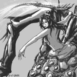  1girls arachne chaos_witch_quelaag claws dark_souls demon demon_girl drider fromsoftware frown khyradon large_breasts long_hair long_nails looking_at_viewer monochrome monster_girl nude ponytail spider_girl sword weapon 