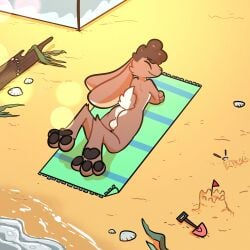  1:1 3_toes absurd_res anthro ass balls beach black_pawpads brown_body brown_fur cheek_tuft closed_eyes curled_hair ears_down facial_tuft feet fur genitals hair hi_res lagomorph leporid lying lying_on_ground male mammal nude on_front pawpads paws perineum pivoted_ears rabbit sand_castle sculpture seashell seaside shell smile smirk smug smug_face smug_grin solo sunbathing tan_body tan_fur the_xing1 toes tuft 