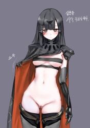  absurdres bangs black_dress black_hair bottomless breasts brown_eyes censored chest_belt clothes_lift dress dress_lift expressionless facial_mark female girls&#039;_frontline headgear highres korean_text lifted_by_self long_hair looking_at_viewer mechanical_arms miramu_(ramu450471) navel nyto_(girls&#039;_frontline) nyto_adeline_(girls&#039;_frontline) paradeus pussy scapular single_mechanical_arm solo 