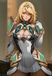  1girls big_breasts blonde_hair breasts cleavage female female_only flowerxl legs mythra nintendo solo tagme xenoblade_(series) xenoblade_chronicles_2 yellow_eyes 