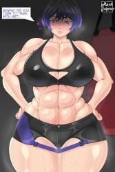  abs belt big_breasts black_clothing bra breasts breasts_bigger_than_head cleavage english_text hands_on_hips heart huge_breasts large_breasts lust lustful_energy lustful_gaze muscle muscles muscular muscular_female namco pink_eyes punching_bag rashjudgement reina_mishima shiny_clothes shiny_skin short_hair signature sports_bra steamy steamy_breath sweat sweatdrop sweating talking talking_to_viewer tekken tekken_8 text text_box thick_thighs tight_clothing tomboy venus_body voluptuous voluptuous_female wet_skin wide_hips 