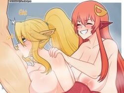 1boy 2023 2girls areolae big_breasts blonde_hair blowjob blue_eyes breasts centauress centorea_shianus closed_eyes dragon_ball fellatio huge_penis lamia light-skinned_female light-skinned_male light_skin miia_(monster_musume) monster_girl monster_musume_no_iru_nichijou nipples oral oral_penetration oral_sex penis penis_in_mouth pointy_ears ponytail red_hair scocks4you son_goku unseen_male_face