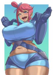  1girls armwear big_breasts blue_eyes blue_shorts bottomwear breasts clothing female female_only game_freak gloves hair hair_ornament huge_breasts muppy0163 nipple_bulge open_mouth pokemon pokemon_bw red_hair shorts skyla_(pokemon) solo solo_female thick_thighs thighs topwear 