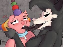  2girls 4:3 animate_inanimate anthro black_body black_fur bodily_fluids breasts canid collar dunewulff duo extreme_french_kiss female french_kiss french_kissing kissing living_pi&ntilde;ata mammal monster pink_body pink_fur saliva scp-1471 scp-1471-a scp-956 scp_foundation skull_head tongue yuri 