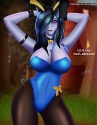  1girls 3d aramyx big_breasts blue_hair blue_skin bunny_ears bunny_girl bunnysuit dialogue easter elf eye_covered goldshire huge_breasts leotard oc pantyhose pinup seductive skintight solo_female tabatha_nightlips tentacle tight_clothing void_elf voluptuous warcraft wide_hips world_of_warcraft 