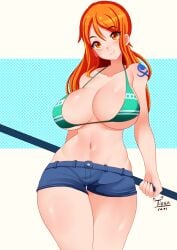  1girls big_breasts blush breasts female female_focus female_only long_hair minishorts nami one_piece orange_eyes orange_hair shorts smile solo solo_female thick_thighs thighs tiger1001 wide_hips 