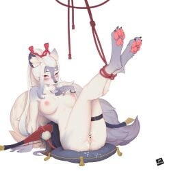  1girls absurd_res animal_ears anthro anthro_only areolae ass bai_lang blush bondage bound bound_ankles breasts claws collarbone cum cum_on_ass cum_on_body cum_on_pussy feet_together female female_only fluffy fox_ears fox_girl fox_tail fur furry furry_female grey_hair hakuro_(onmyoji) highres large_breasts leaning leaning_back lin_mzhh long_hair looking_at_viewer multicolored_hair nipples no_humans nude onmyoji pillow pussy red_eyes rope sitting solo straight_hair tail white_background white_hair 